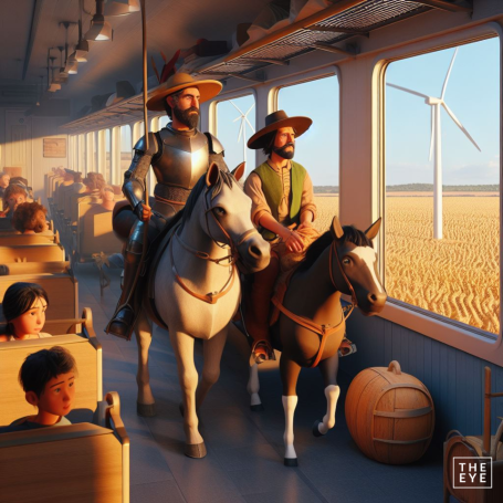 Don Quijote y Sancho Panza viajando en tren