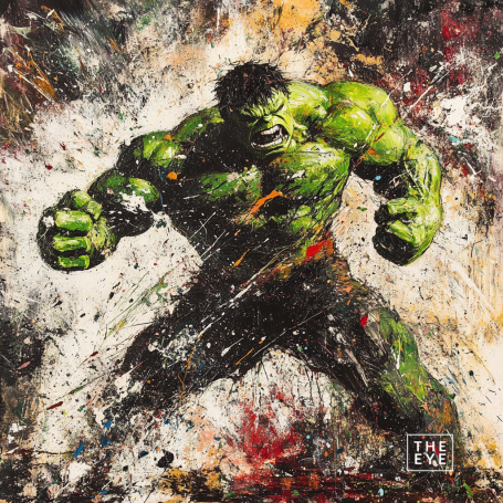 A chaotic, energetic depiction of the Hulk in an Abstract Expressionist style