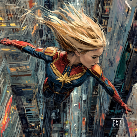 A science fiction-inspired digital illustration of Captain Marvel