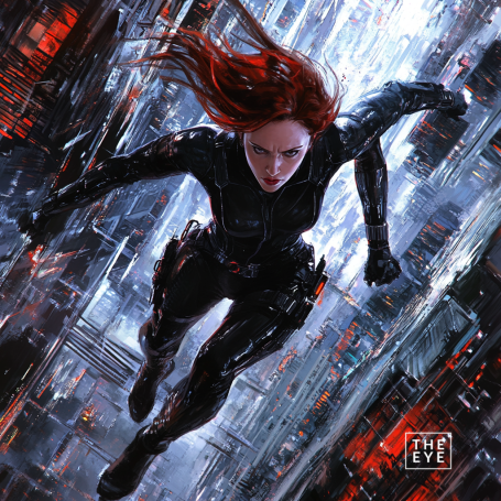 A dynamic, action-packed depiction of Black Widow