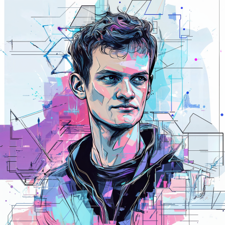 Portrait of Vitalik Buterin in modern illustration style.