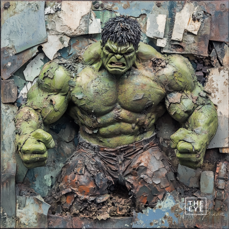 A raw, textured portrayal of The Hulk, inspired by the Arte Povera