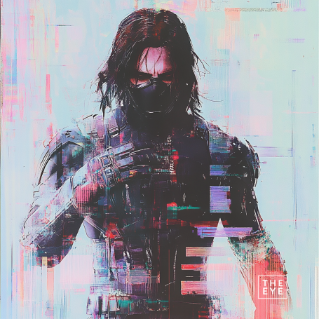 A fragmented, glitch art depiction of The Winter Soldier