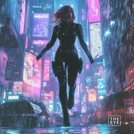 A gritty, neon-lit image of Black Widow 