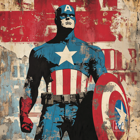 A bold, graphic street art portrayal of Captain America