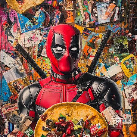 A playful and surreal depiction of Deadpool in the style of Pop Surrealism